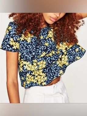 Zara Ladies M Blue & Yellow Floral Ruffle Tiered Boho Crop Top Festival Summer